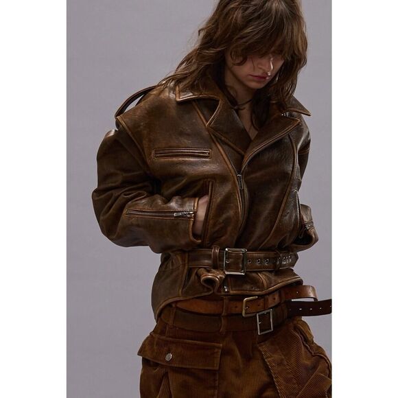 R13 Exaggerated Shoulder Brown Leather Moto Jacket Belted Distressed M - Picture 1 of 16